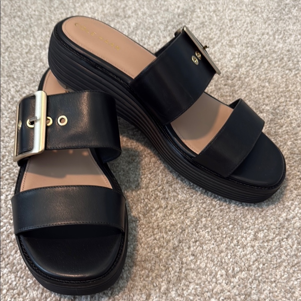 Cole Haan Black Double-Band Slide Sandals with Gold Buckle